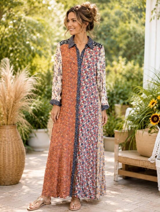 NATURAL LIFE Dresses & Skirts - Natural Life Boho Patchwork Floral Shirt Dress Button Front Maxi XS